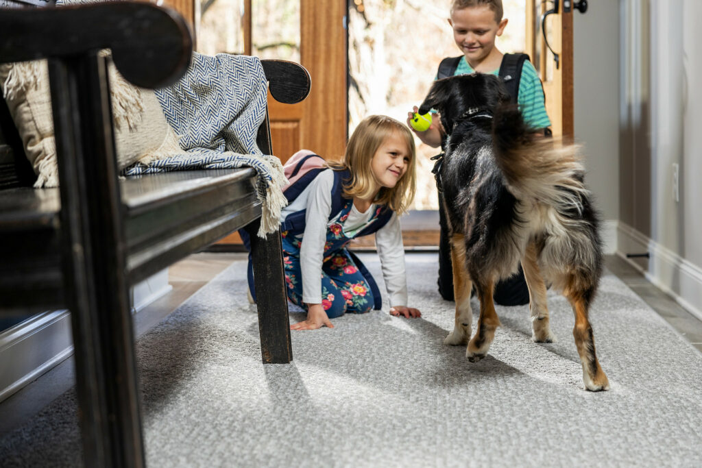 Kids plying with dog on carpet flooring | Design Waterville